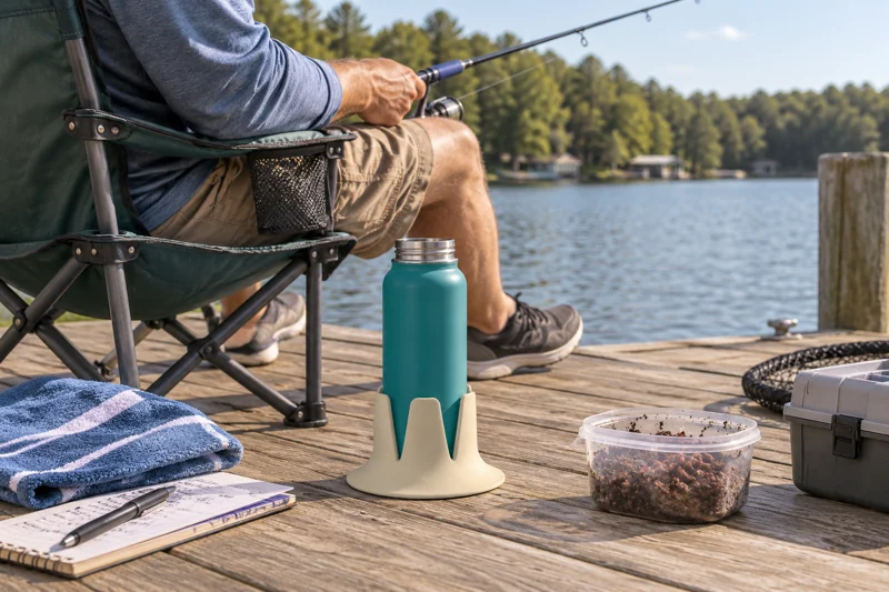 Adult fishing from stationary wooden dock with uncapped reusable water bottle in Steadi on wide level dock plank area without gaps beneath base beside seated adult. AI illustration.