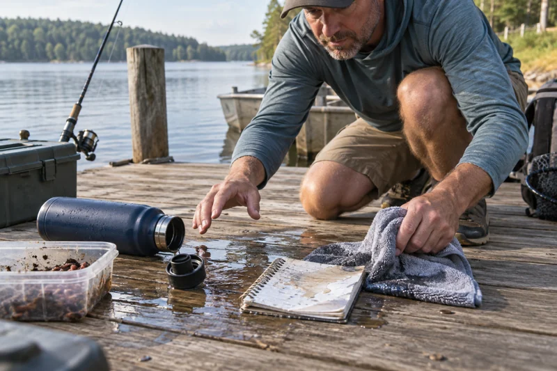 Reaching for bait tub tips water; it wets folded seat towel and bait notes on dock. AI illustration.